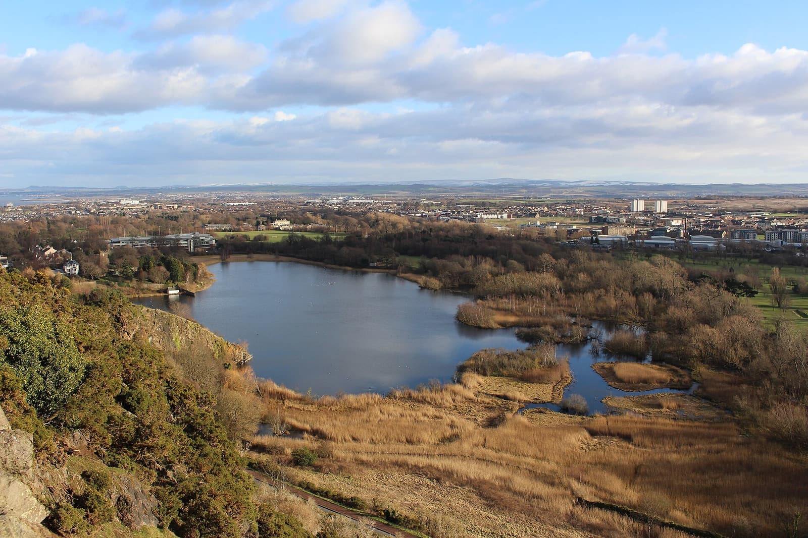 Duddingston Loch and its reed beds seen from the slopes of Arthur’s Seat