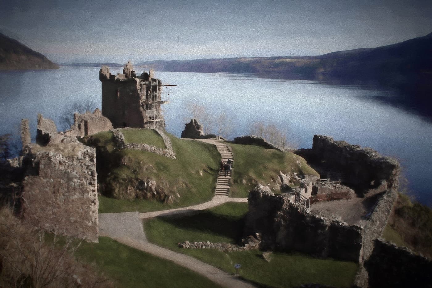 The ruins of Urquhart Castle on the shore of Loch Ness