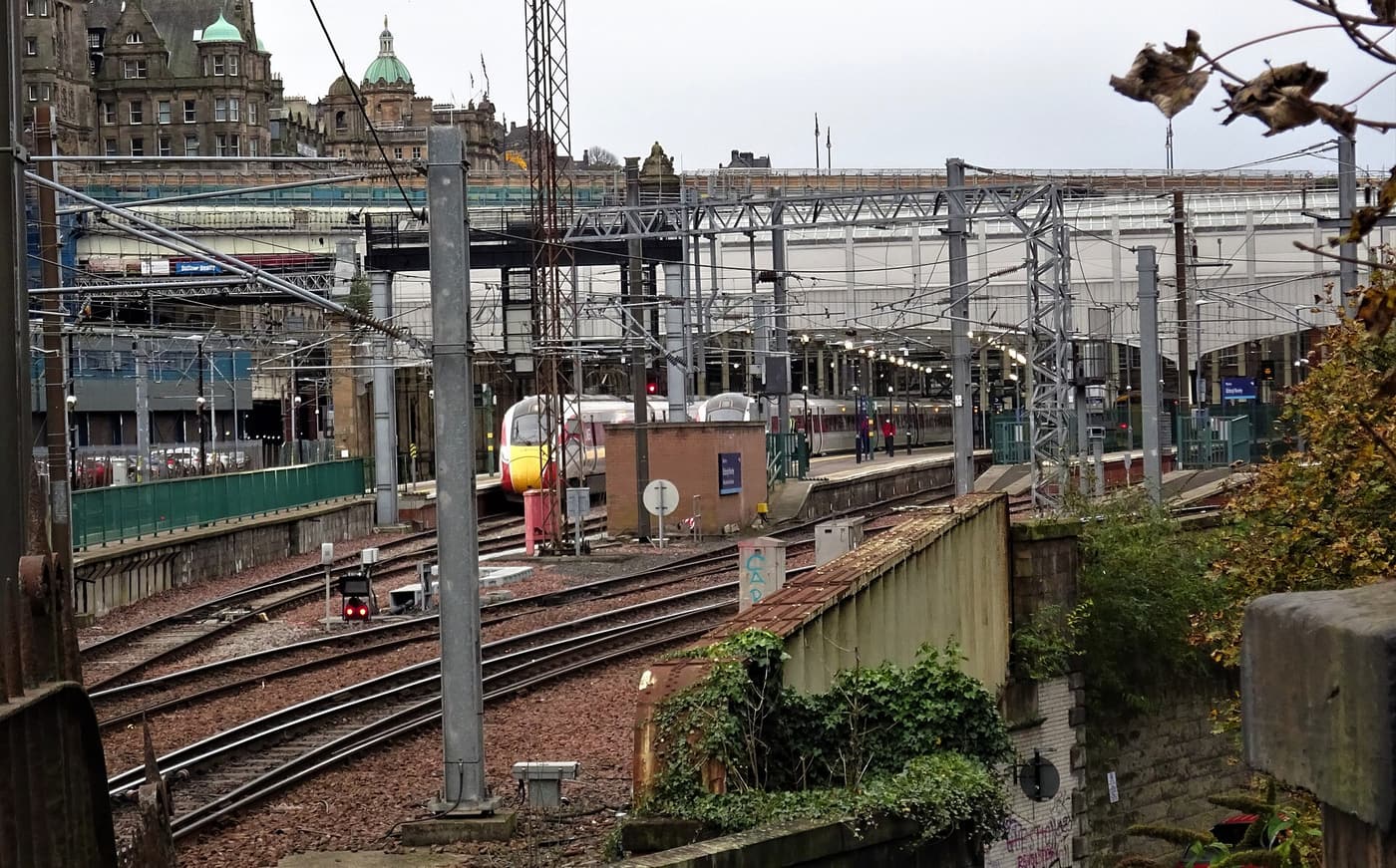 Tracks and platforms of Edinburgh Waverley station in the city centre
